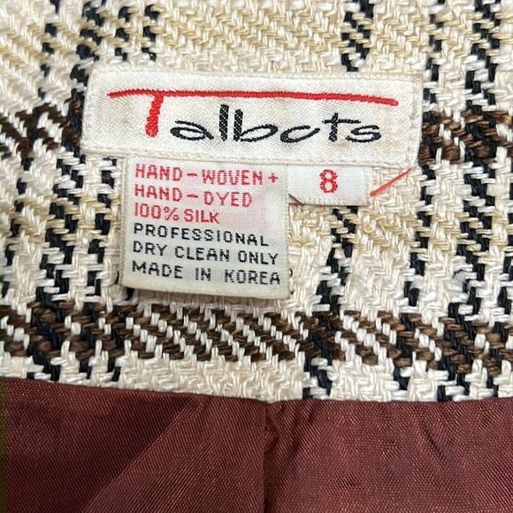 Vintage Talbots Handwoven 100% Silk Cream Brown Plaid 4 Button Blazer Sz 8 - Picture 4 of 11